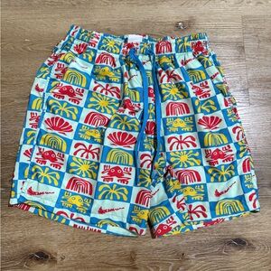 Nike Men's Aqua Swim Shorts with Red and Yellow Graphic Print